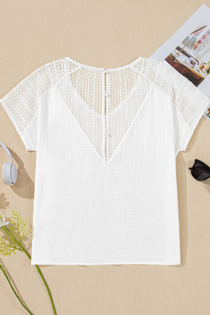 Lace Crochet Textured Button Back V Neck T Shirt - -