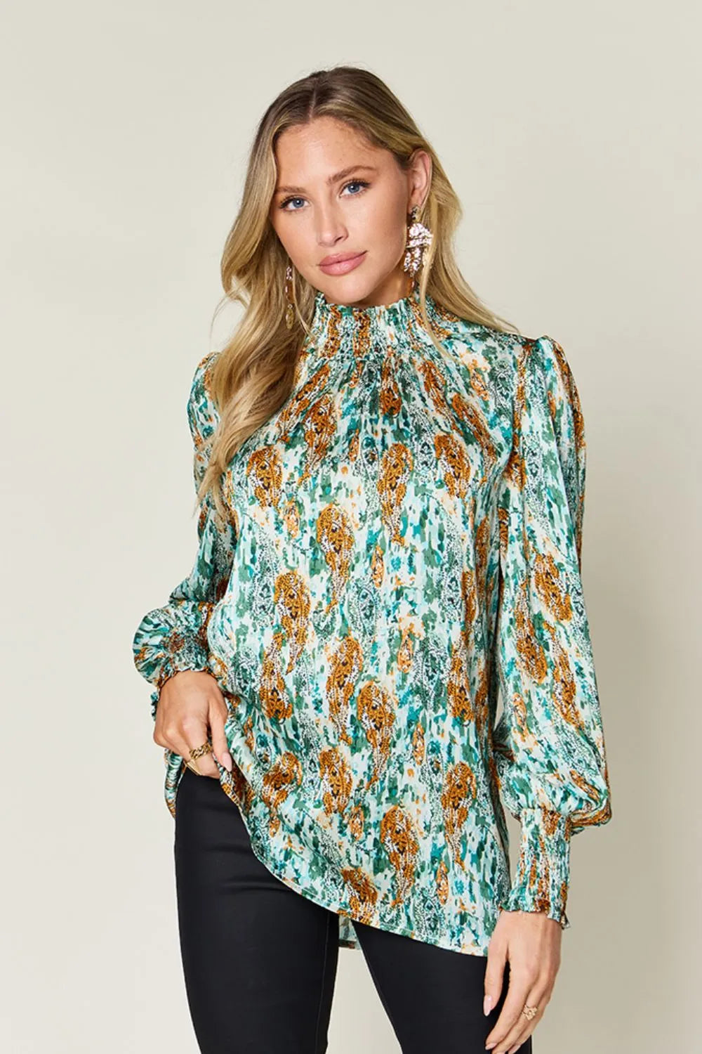 Double Take Full Size Printed Smocked Long Sleeve Blouse - Green -