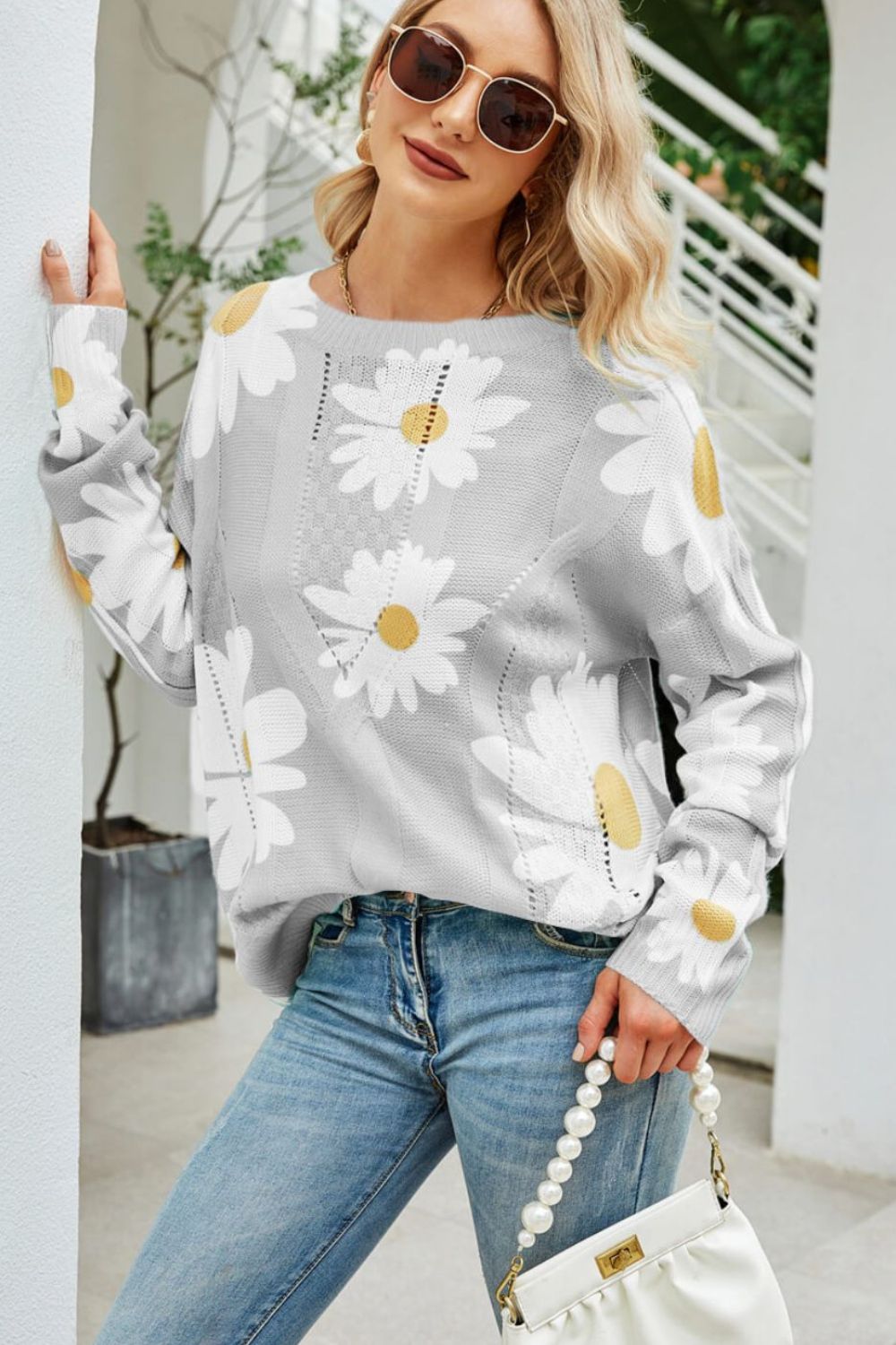 Angel Wings Daisy Print Openwork Round Neck Sweater - -