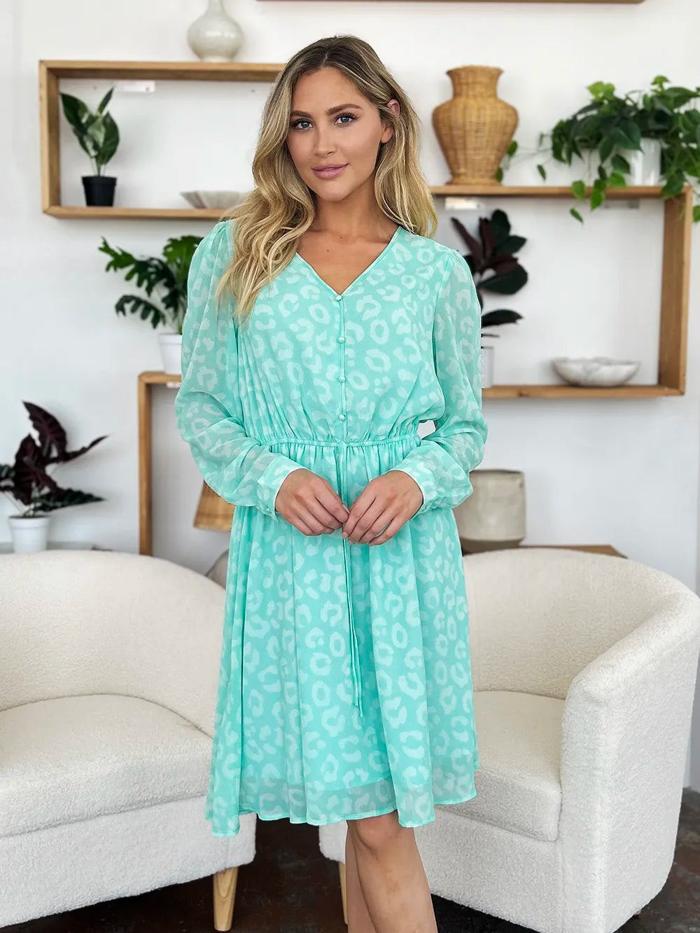 Double Take Full Size Printed Ruched V - Neck Long Sleeve Dress – | Shannon’s Chique Boutique