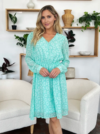 Double Take Full Size Printed Ruched V - Neck Long Sleeve Dress – | Shannon’s Chique Boutique