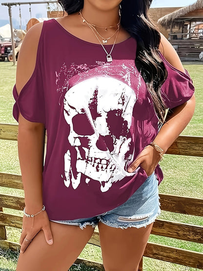 Plus Size Skeleton Graphic Round Neck Cold Shoulder T-Shirt - -
