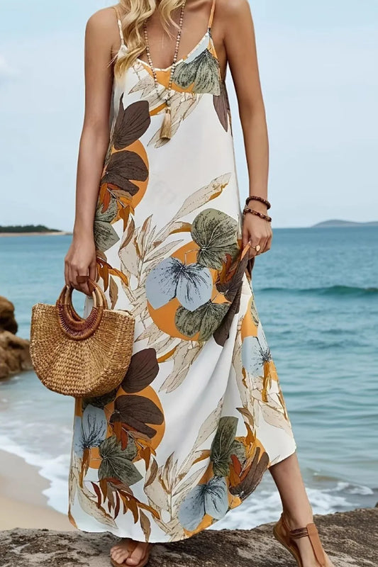 Printed Spaghetti Strap Maxi Dress - White -