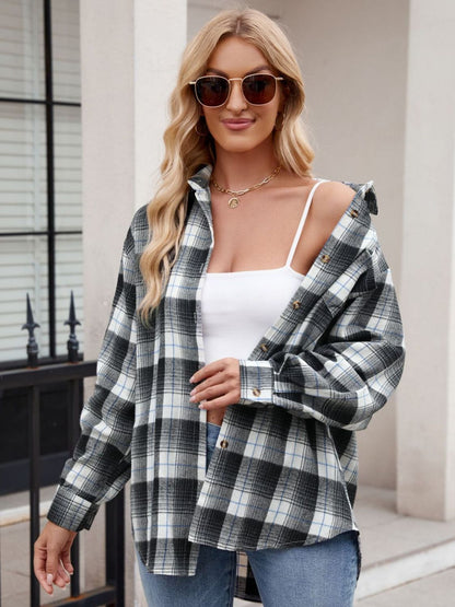 Mandy Plaid Collared Neck Long Sleeve Shirt - -