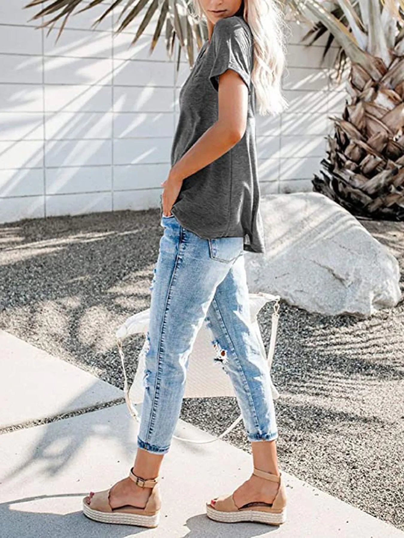 Full Size Notched Short Sleeve T-Shirt Plus Size - -