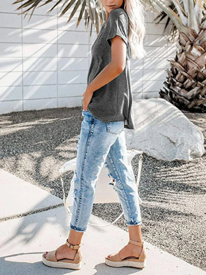 Full Size Notched Short Sleeve T-Shirt Plus Size - -