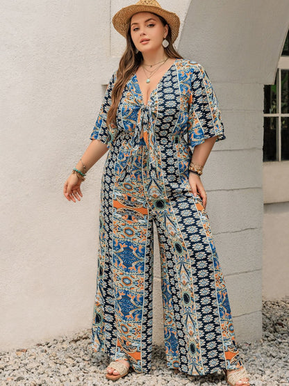 Plus Size Printed Half Sleeve Wide Leg Jumpsuit - -