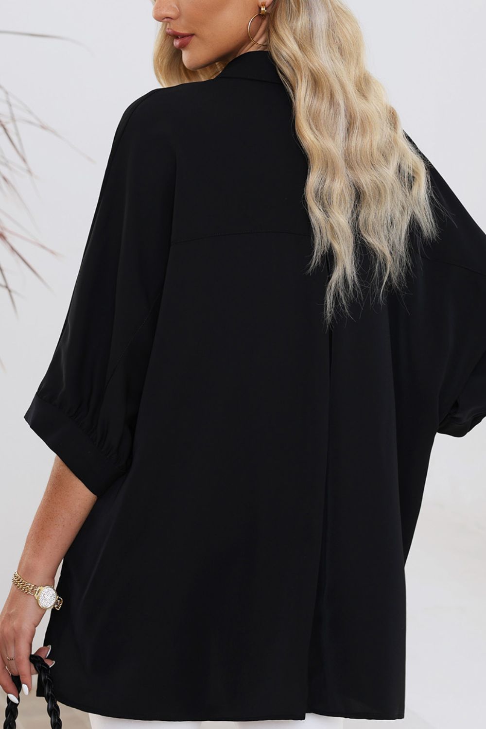 Collared Neck Three-Quarter Sleeve Shirt - -