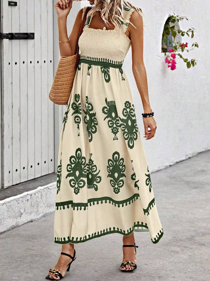 Smocked Printed Wide Strap Maxi Dress - Moss -