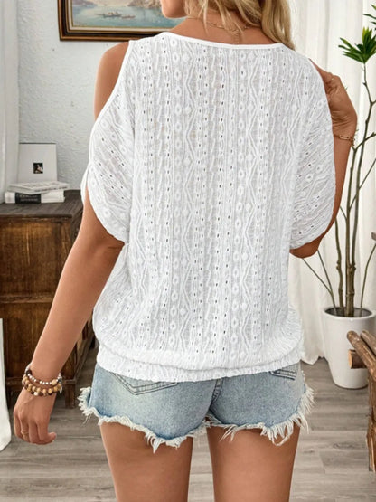 Eyelet Cold Shoulder Round Neck Blouse - -