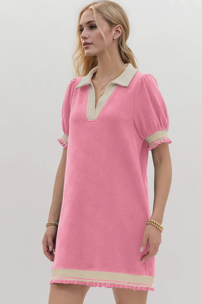 Oh Frill Contrast Trim Johnny Collar Short Sleeve Mini Dress – | Shannon’s Chique Boutique