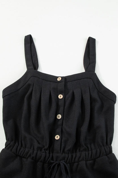 Knotted Straps Button Textured Drawstring Jumpsuit - -