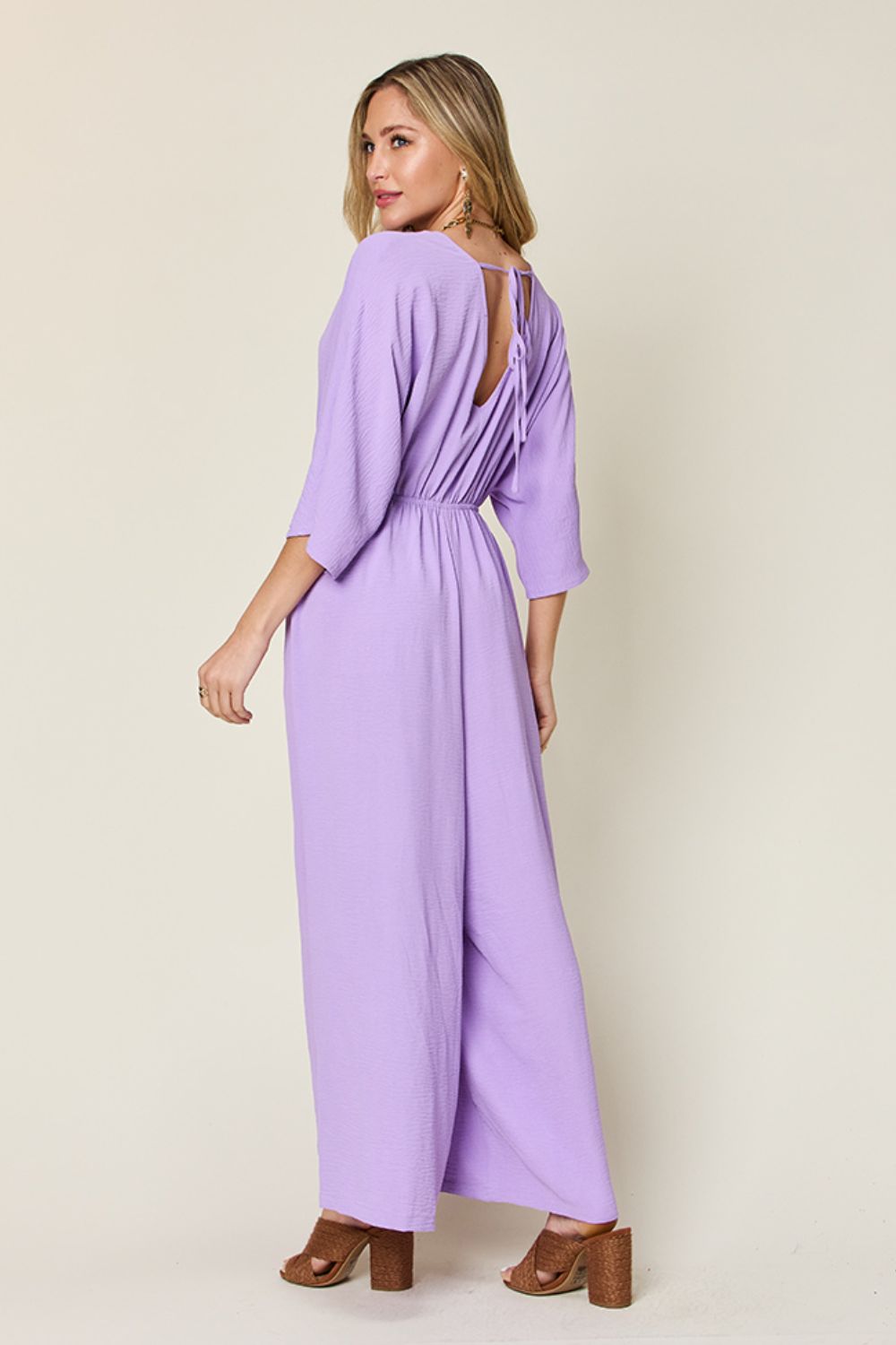 Double Take Full Size Surplice Wide Leg Jumpsuit with Pockets - -