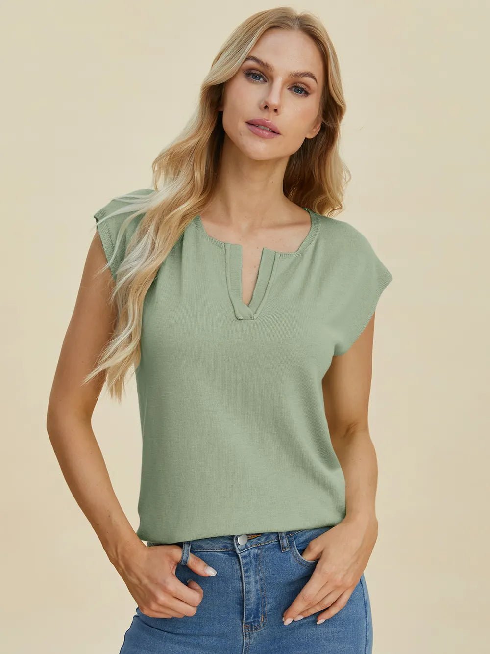 Double Take Full Size Notched Cap Sleeve Knit Top – | Shannon’s Chique Boutique