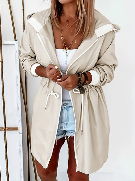 Beige Hooded Trench Jacket – Lightweight, Drawstring Fit with Pockets - Dust Storm -