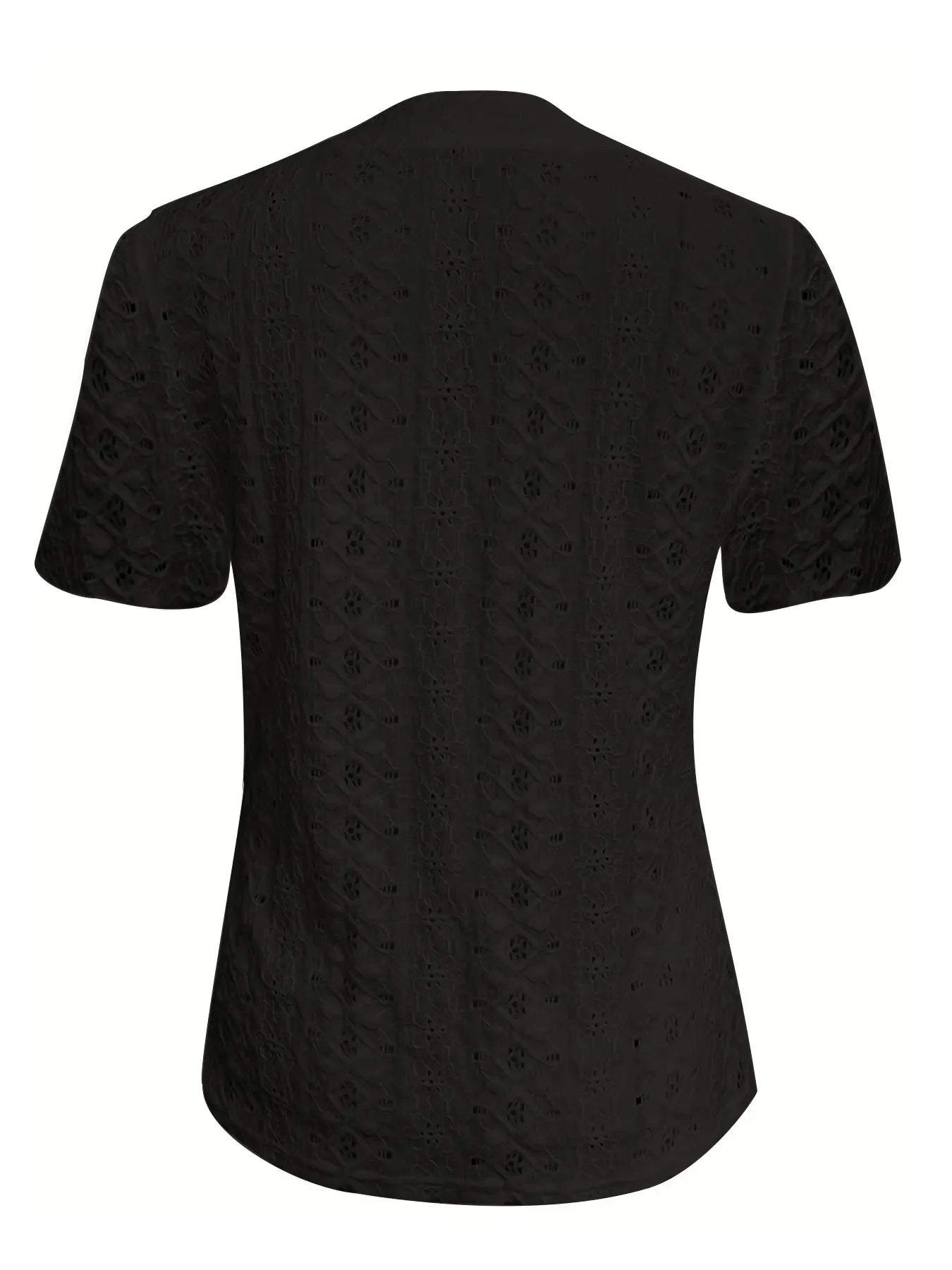 Openwork Notched Short Sleeve Top – Button Detail Summer Chique - -