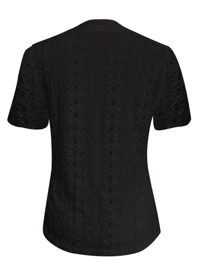Openwork Notched Short Sleeve Top – Button Detail Summer Chique - -