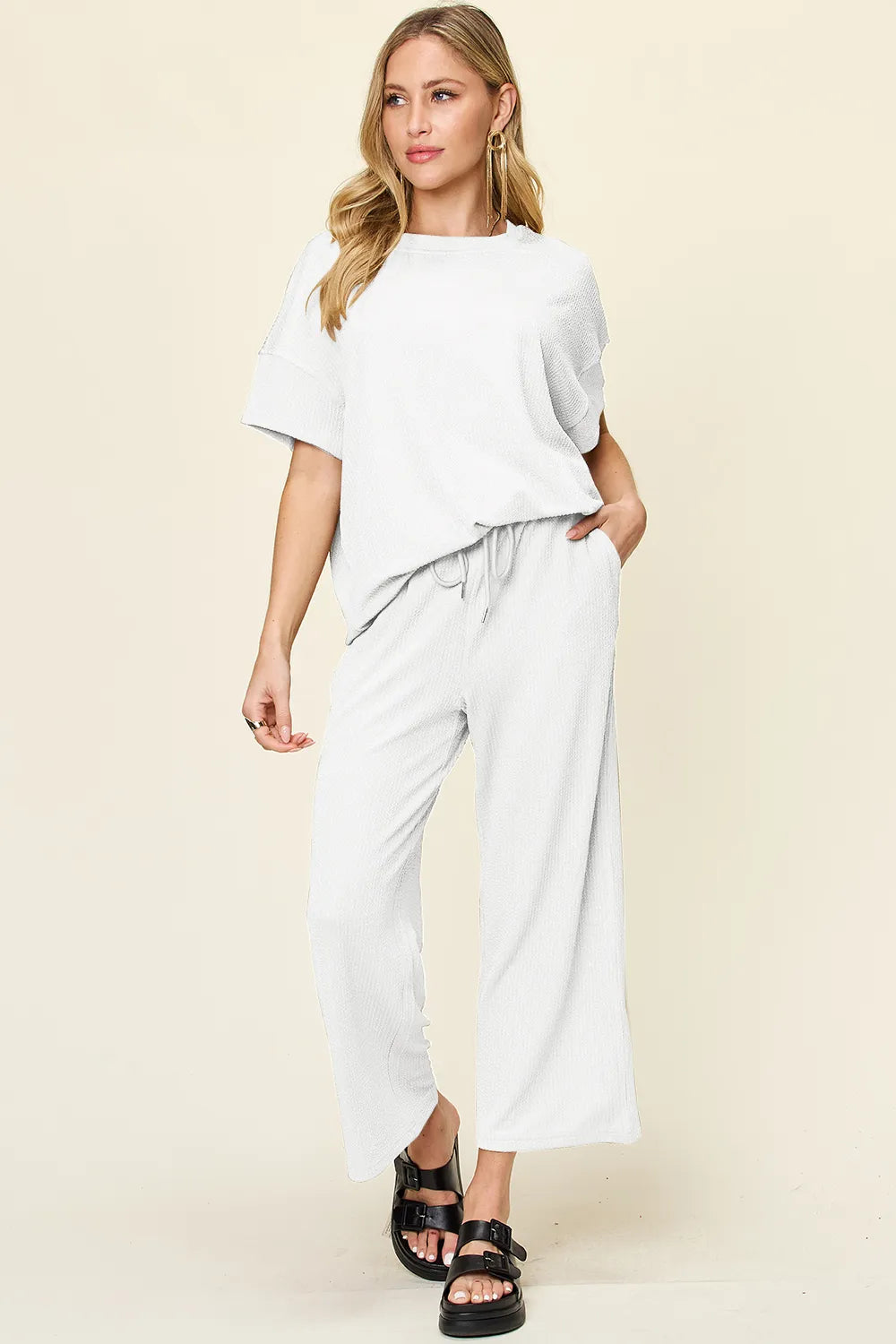 Double Take Full Size Texture Round Neck Short Sleeve T-Shirt and Wide Leg Pants - -