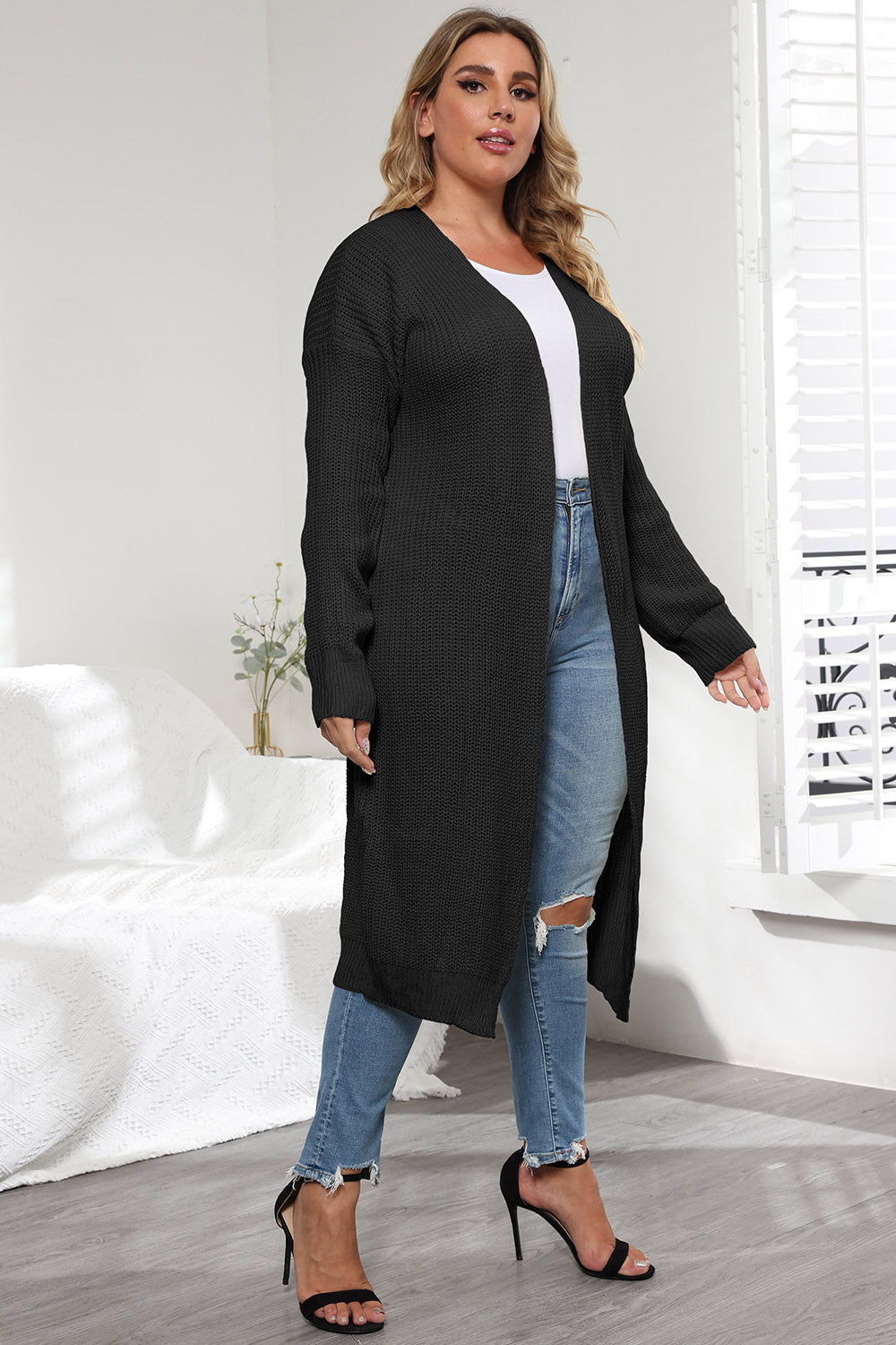 Plus Size Open Front Long Sleeve Cardigan - -