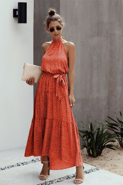 Tie Back Polka Dot Ruffle Hem Halter Dress – | Shannon’s Chique Boutique