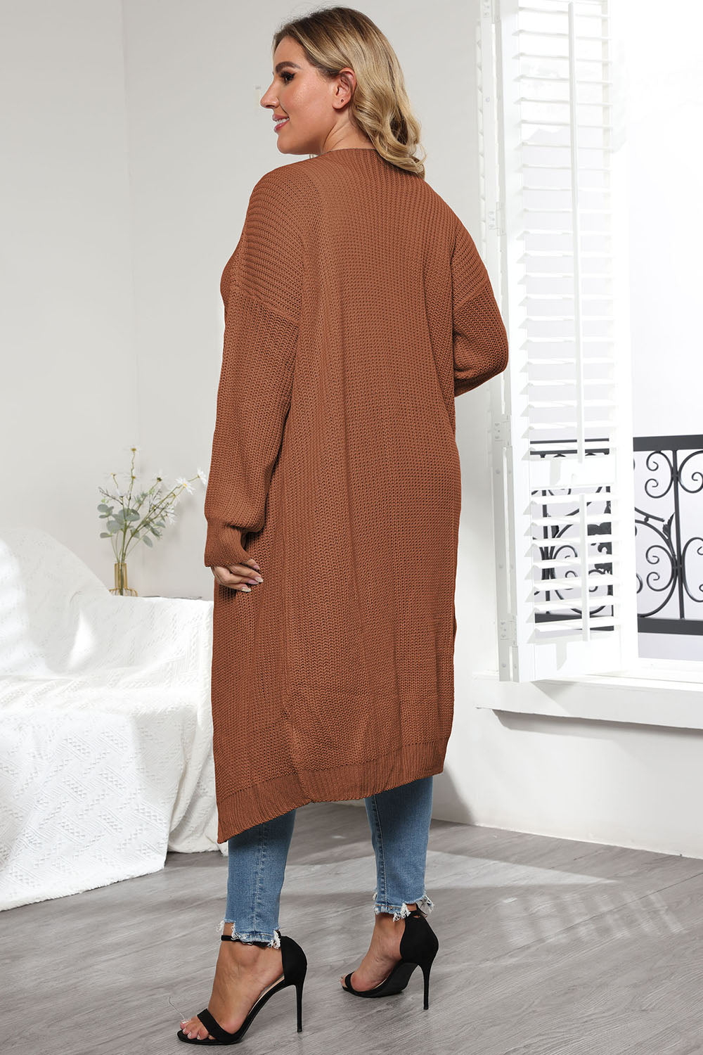 Plus Size Open Front Long Sleeve Cardigan - -