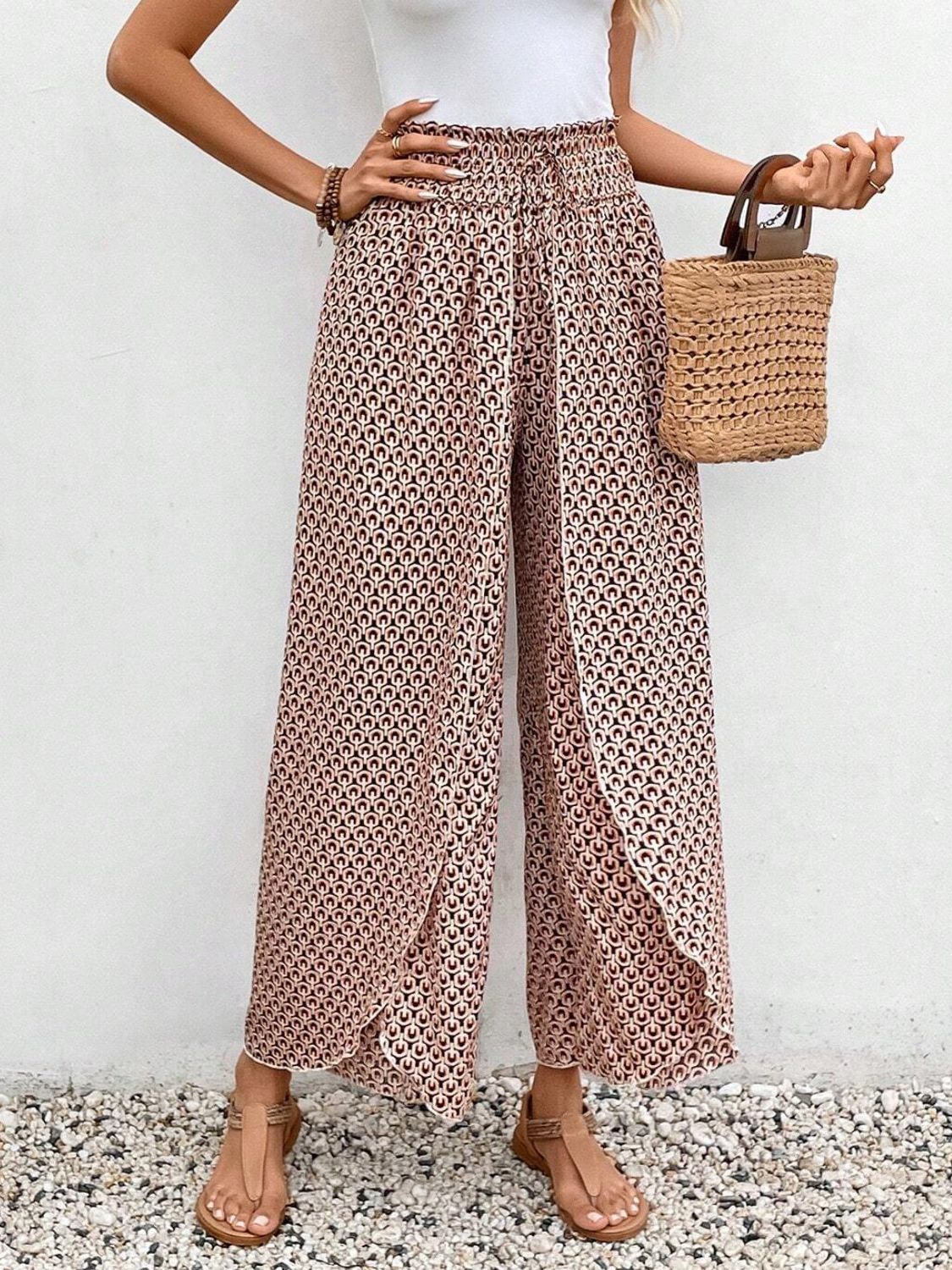 Tied Printed Wide Leg Pants - -