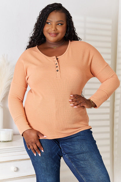 Basic Bae Half Button Long Sleeve Top - -