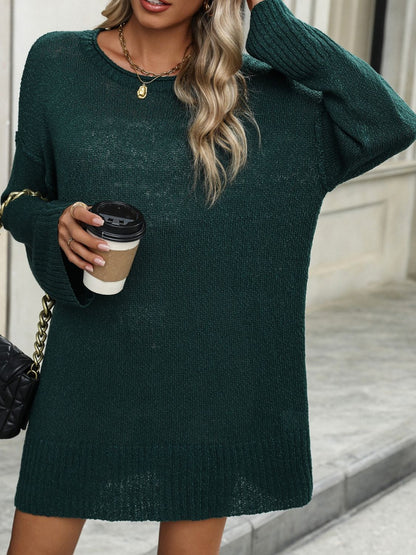 Round Neck Dropped Shoulder Sweater - -