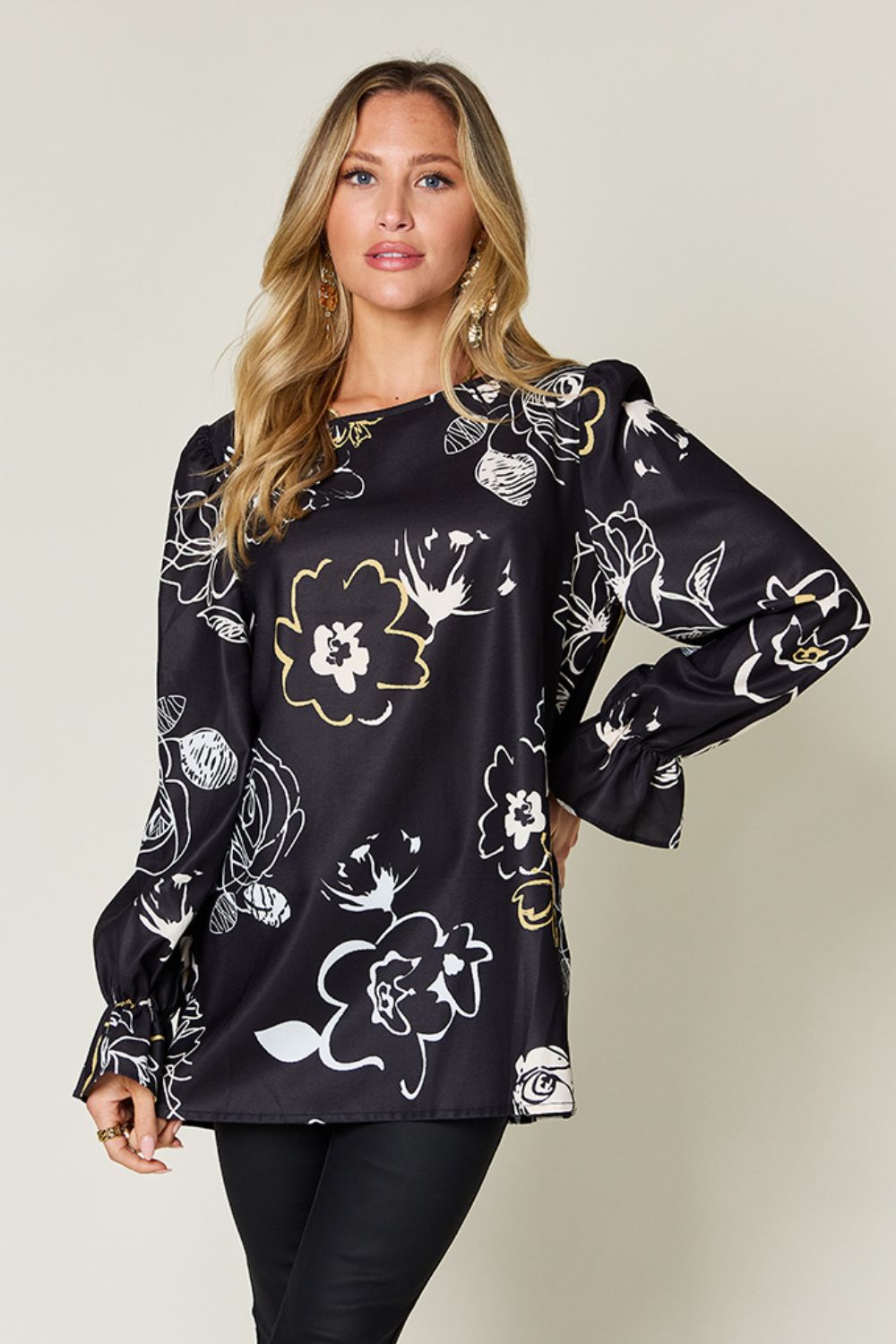 Double Take Full Size Printed Flounce Sleeve Blouse - Black -
