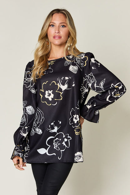 Double Take Full Size Printed Flounce Sleeve Blouse - Black -