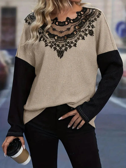 Contrast Lace Round Neck Long Sleeve T-Shirt - -