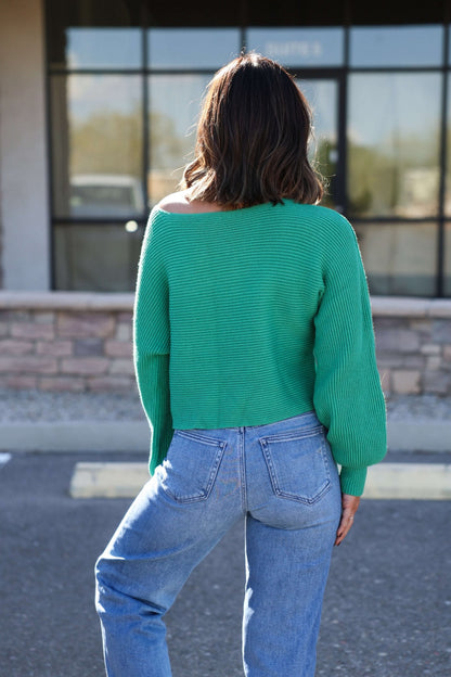 Avery Ribbed Boat Neck Sweater - Green - DOORBUSTER