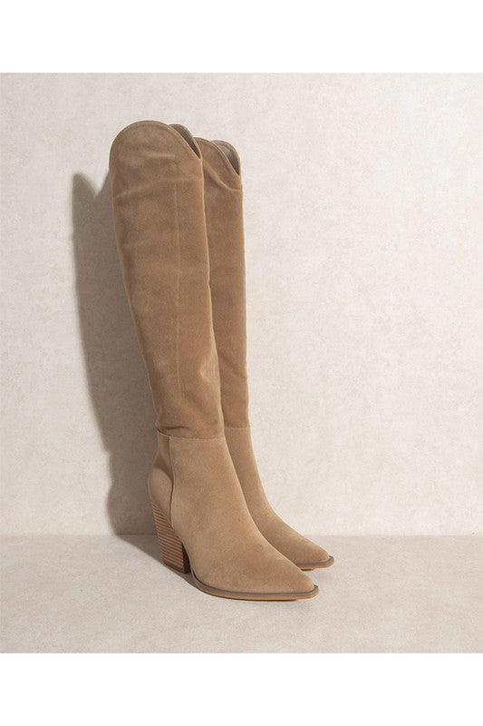 Camila Tan over-the-knee boots in suede with stacked block heels