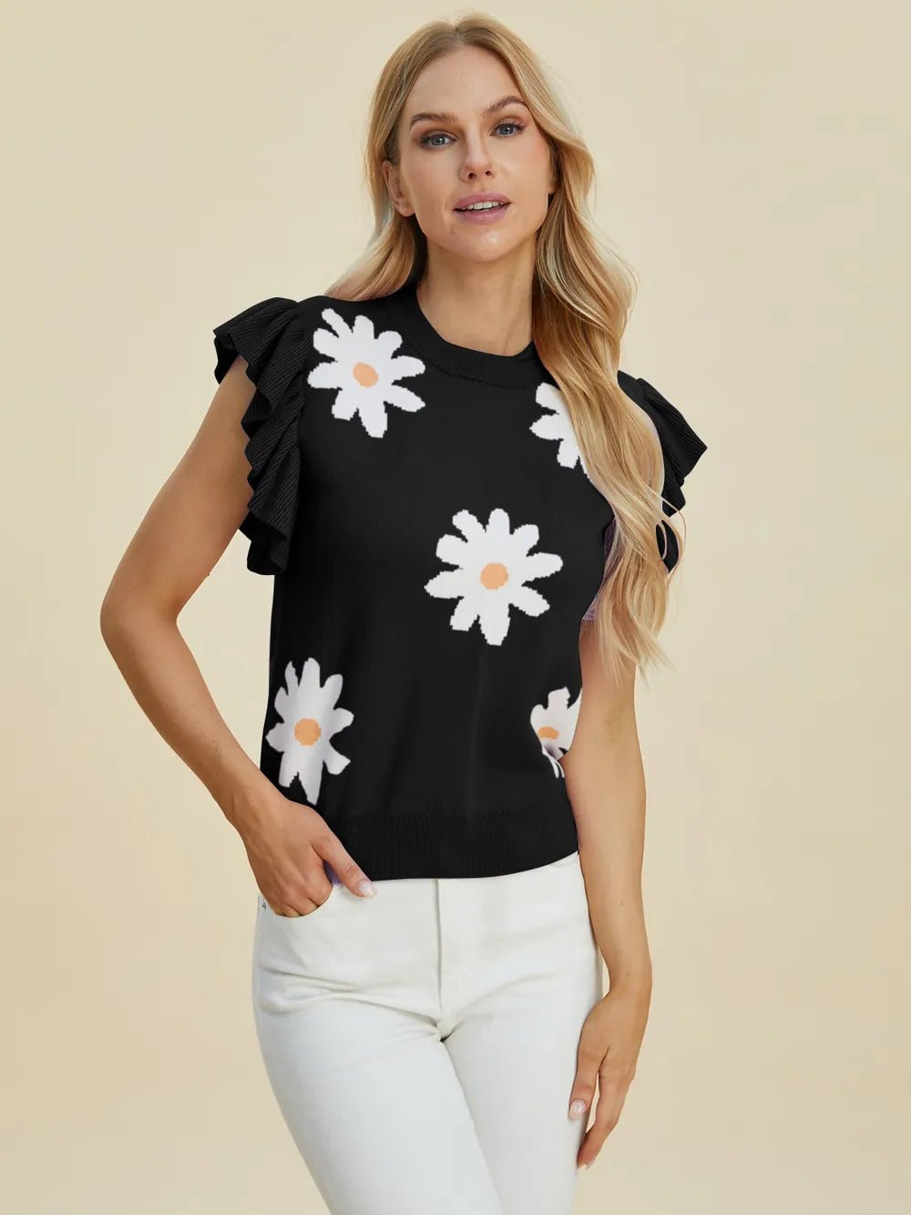 Double Take Full Size Ruffled Flower Round Neck Cap Sleeve Sweater – | Shannon’s Chique Boutique