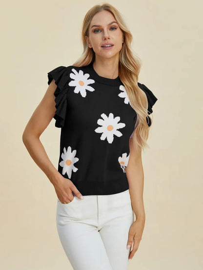 Double Take Full Size Ruffled Flower Round Neck Cap Sleeve Sweater – | Shannon’s Chique Boutique