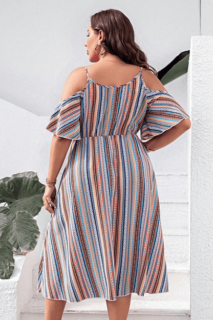 Plus Size Striped Cold-Shoulder Midi Dress (Curve Chic) - -
