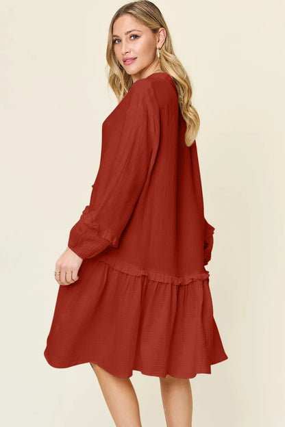 Double Take Full Size Texture Half Button Ruffle Trim Dress – | Shannon’s Chique Boutique