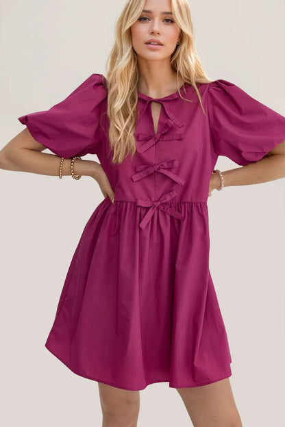 Oh Bow Ruched Puff Sleeve Mini Dress - Cerise -