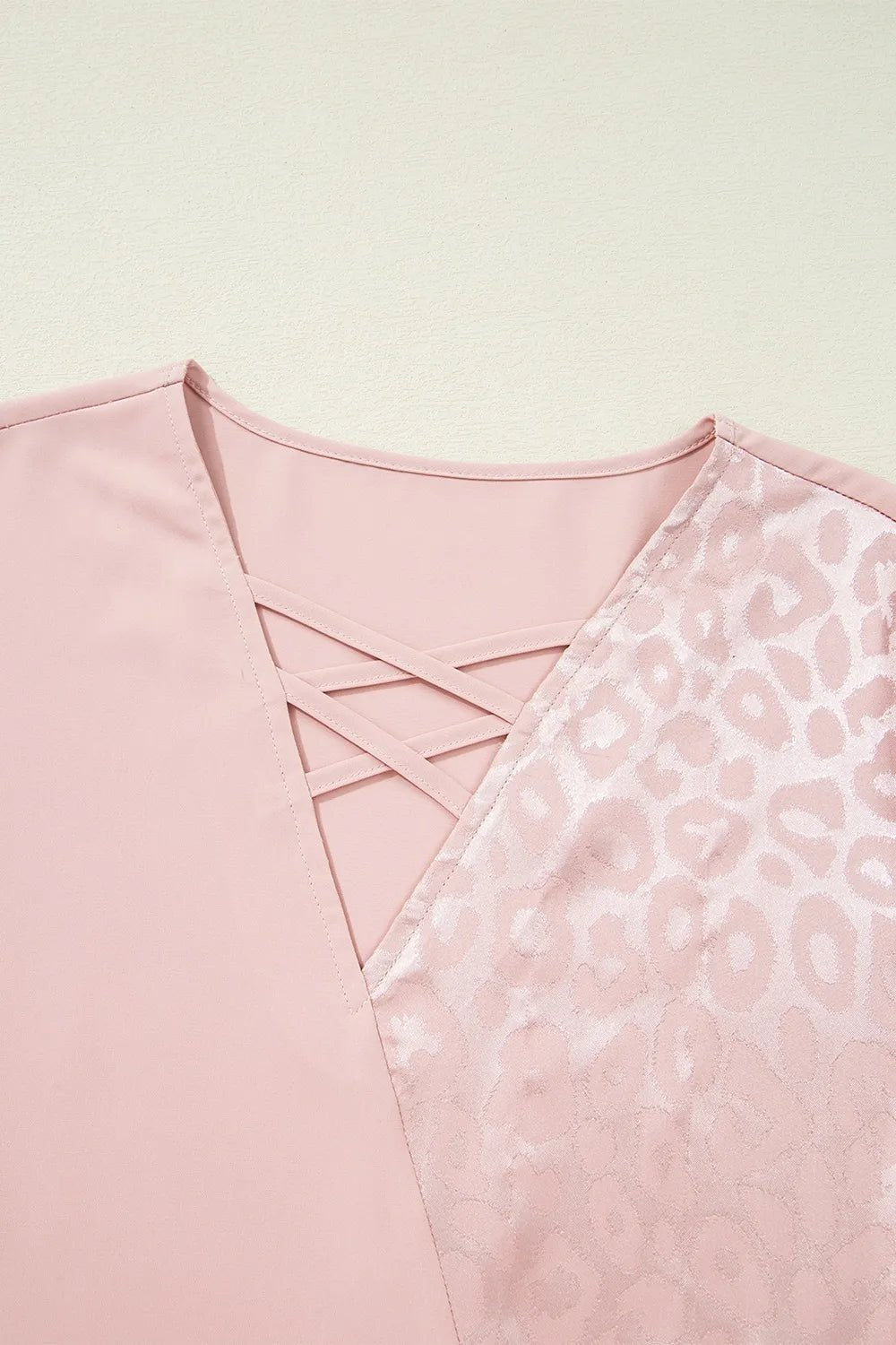 Leopard Jacquard Patchwork Crisscross V Neck Short Sleeve Blouse - -
