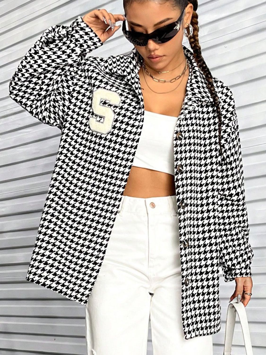 Houndstooth Button Down Long Sleeve Shacket - -