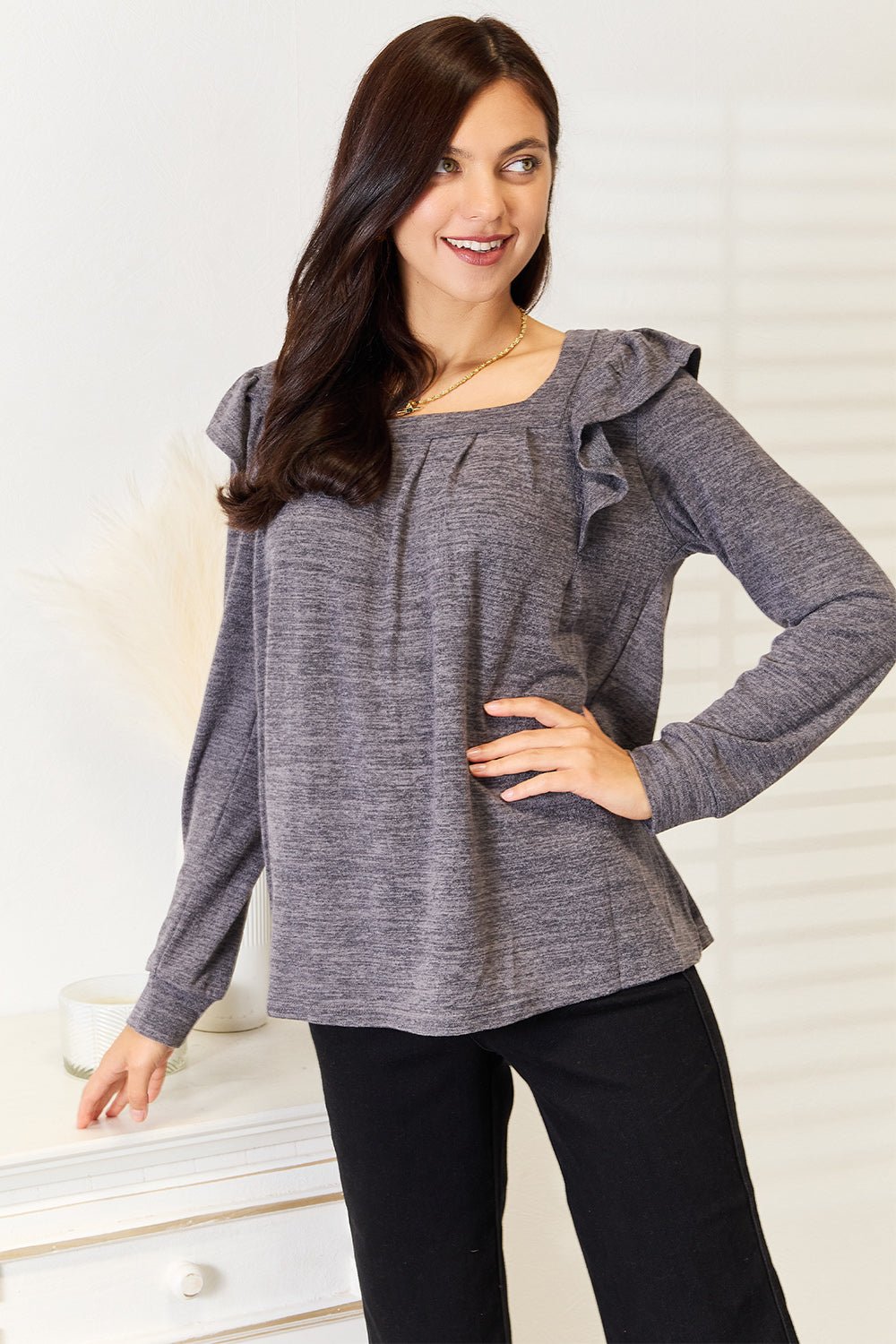 Double Take Square Neck Ruffle Shoulder Long Sleeve T-Shirt - -