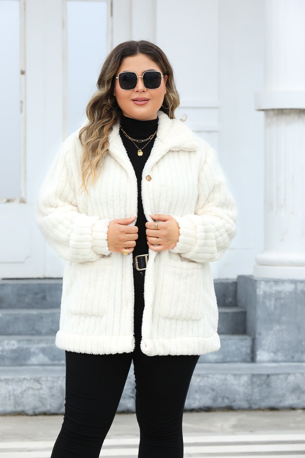 Plus Size Fuzzy Collared Neck Long Sleeve Jacket - White -