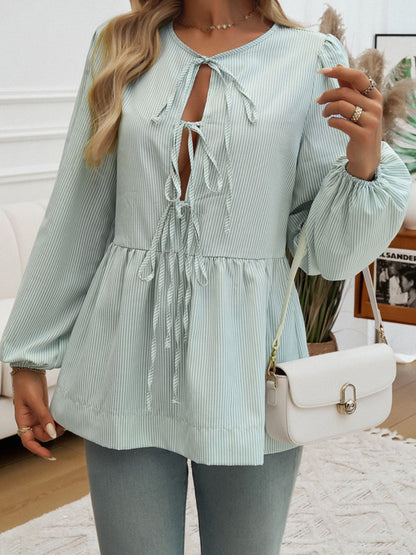 Devine Tied Striped Long Sleeve Blouse