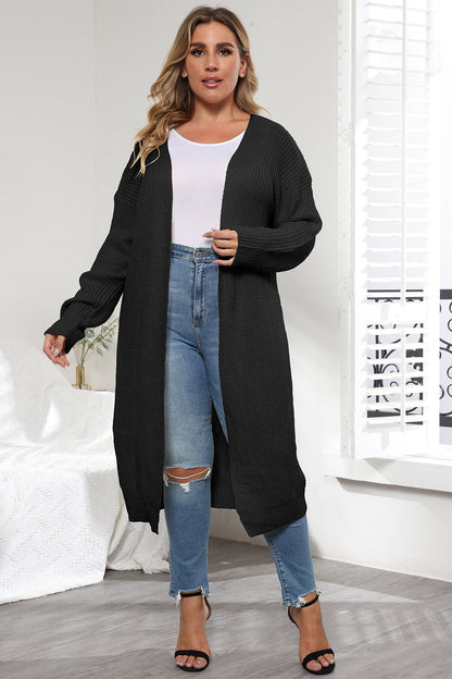 Plus Size Open Front Long Sleeve Cardigan - Black -