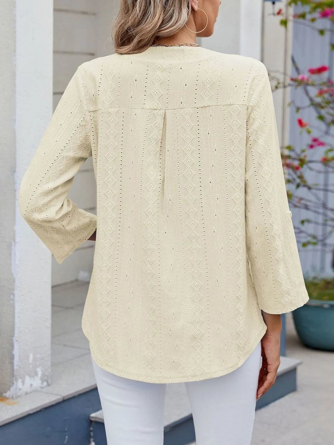 Eyelet Notched Roll-Tab Sleeve Top - -