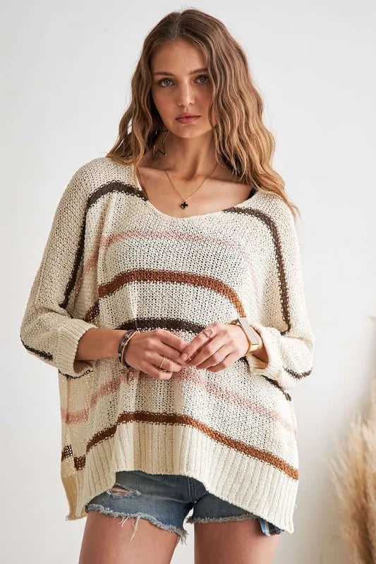 ADORA Full Size Multi Color Strip Sweater Plus Size - IVORY MULTI STRIPE -