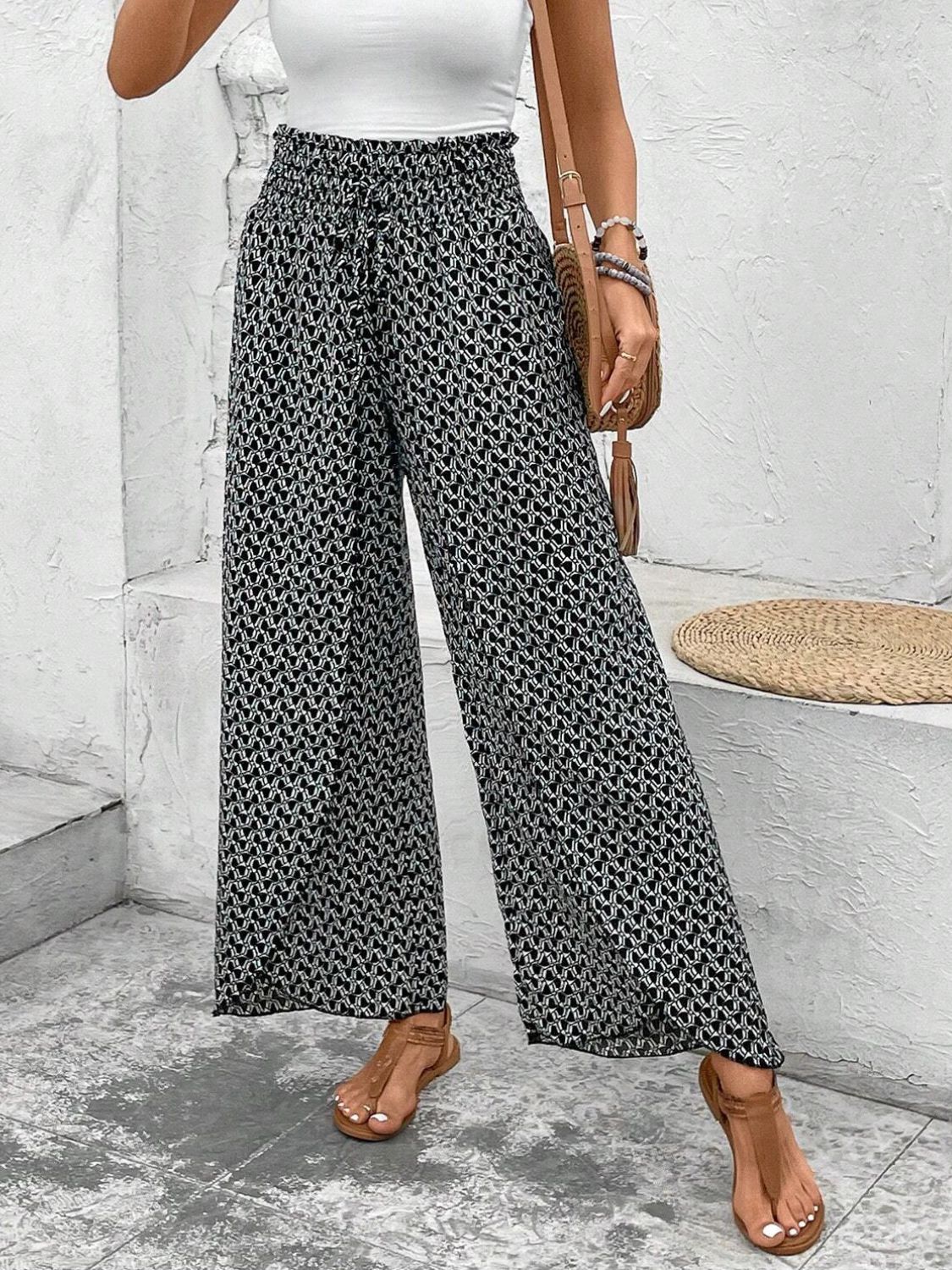 Tied Printed Wide Leg Pants - -