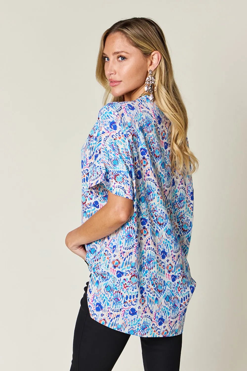 Double Take Full Size Printed V-Neck Short Sleeve Blouse - -