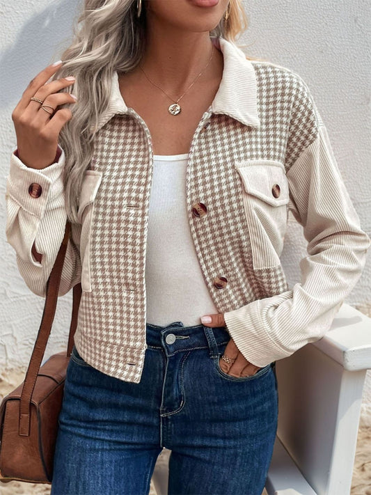 Pocketed Houndstooth Long Sleeve Jacket - Beige -
