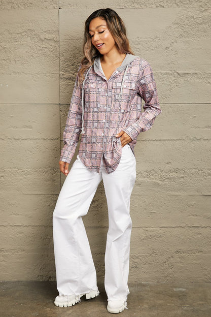 Double Take Plaid Long Sleeve Hooded Jacket - -